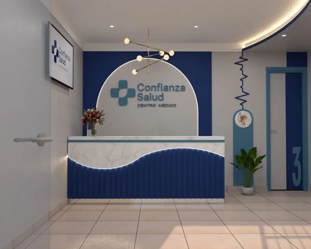 Recepción moderna de la clínica Confianza Salud en Lima, ambiente acogedor y profesional para pacientes de cardiología y medicina general.
