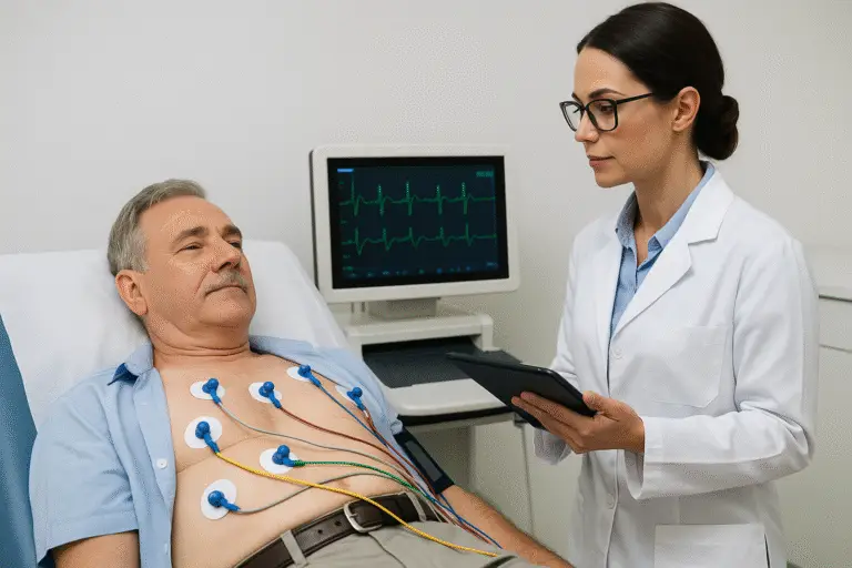 Paciente realizándose un electrocardiograma en Confianza Salud Lima con cardiólogo y monitor de ECG en tiempo real.