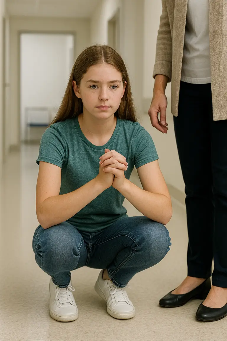 Adolescente en cuclillas en pasillo luminoso, postura segura para mejorar retorno sanguíneo y prevenir síncope vasovagal.