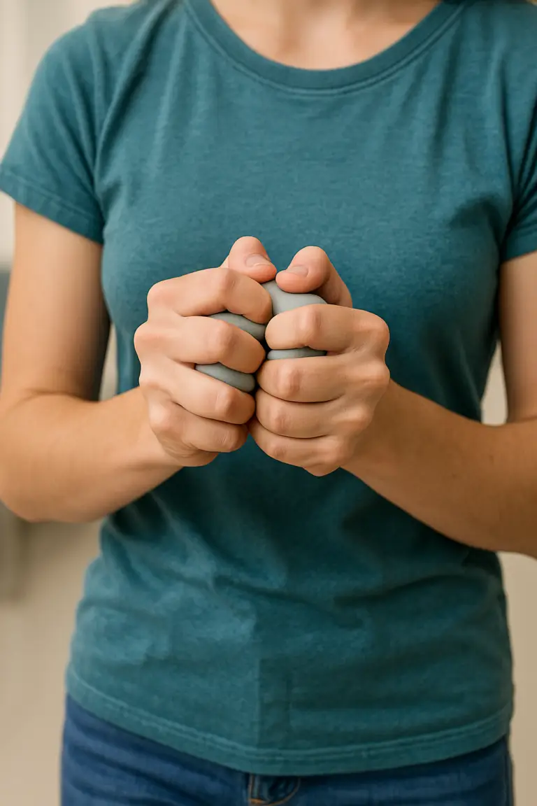Primer plano de manos adolescentes apretando una pelota blanda como maniobra de handgrip en síncope vasovagal.