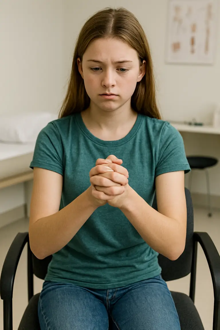 Adolescente sentada entrelaza las manos y tira con fuerza mostrando tensión en los brazos como maniobra de contrapresión.