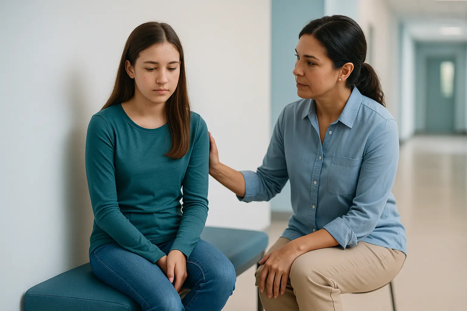 Adolescente con malestar acompañada por una mujer en entorno clínico, ilustrando el cuidado en síncope vasovagal.