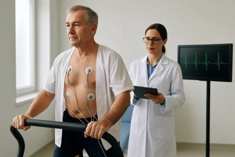 Paciente realizando una prueba de esfuerzo en Confianza Salud Lima con supervisión de cardiólogo y monitor de ECG en tiempo real.
