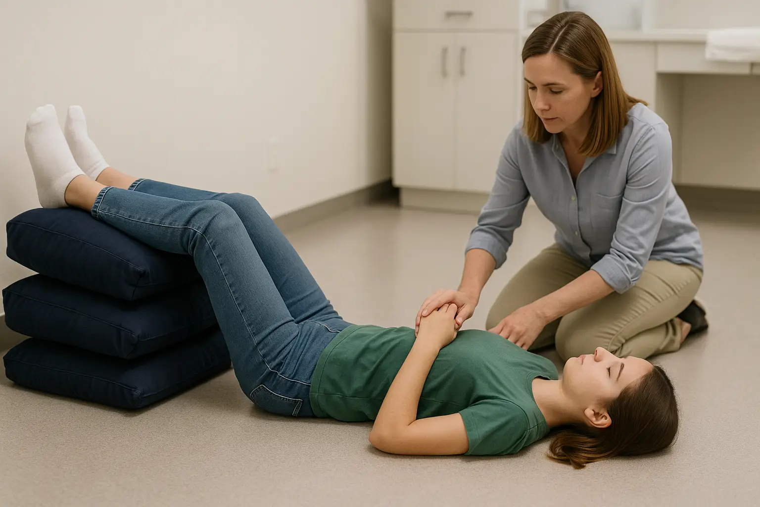 dolescente recostada con piernas elevadas sobre un cojín mientras cuidador ajusta la posición tras un episodio de síncope vasovagal.