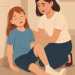 Ilustración de adolescente con síncope vasovagal asistida por un adulto, estilo profesional y educativo.