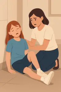 Ilustración de adolescente con síncope vasovagal asistida por un adulto, estilo profesional y educativo.