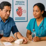 Paciente se mide la presión con tensiómetro mientras médica le aconseja sobre alcohol y presión arterial.