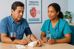 Paciente se mide la presión con tensiómetro mientras médica le aconseja sobre alcohol y presión arterial.
