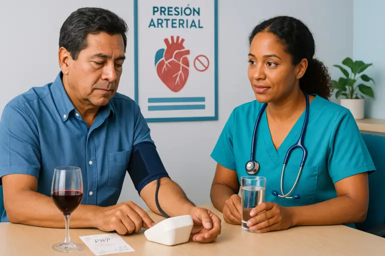 Paciente se mide la presión con tensiómetro mientras médica le aconseja sobre alcohol y presión arterial.