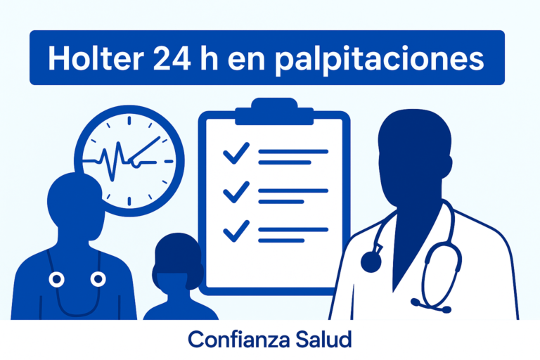 Holter 24 h en palpitaciones: reloj con trazo ECG, checklist del informe y médico; guía para reconocer un Holter de calidad — Confianza Salud.