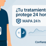 ¿Tu tratamiento te protege 24 horas? MAPA 24 h: paciente con monitor ambulatorio y gráfico día/noche.