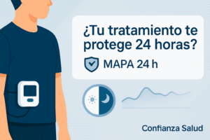 ¿Tu tratamiento te protege 24 horas? MAPA 24 h: paciente con monitor ambulatorio y gráfico día/noche.