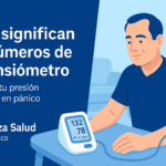 Persona de mediana edad midiendo su presión arterial con un tensiómetro digital y viendo los números 132 sobre 78 en casa