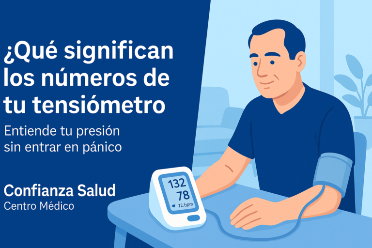 Persona de mediana edad midiendo su presión arterial con un tensiómetro digital y viendo los números 132 sobre 78 en casa