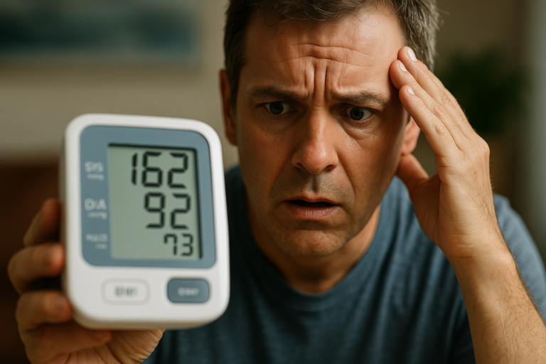 Adulto confundido mirando los valores elevados de un tensiómetro digital que muestra 162 sobre 92, representando la dificultad de interpretar la presión arterial en casa