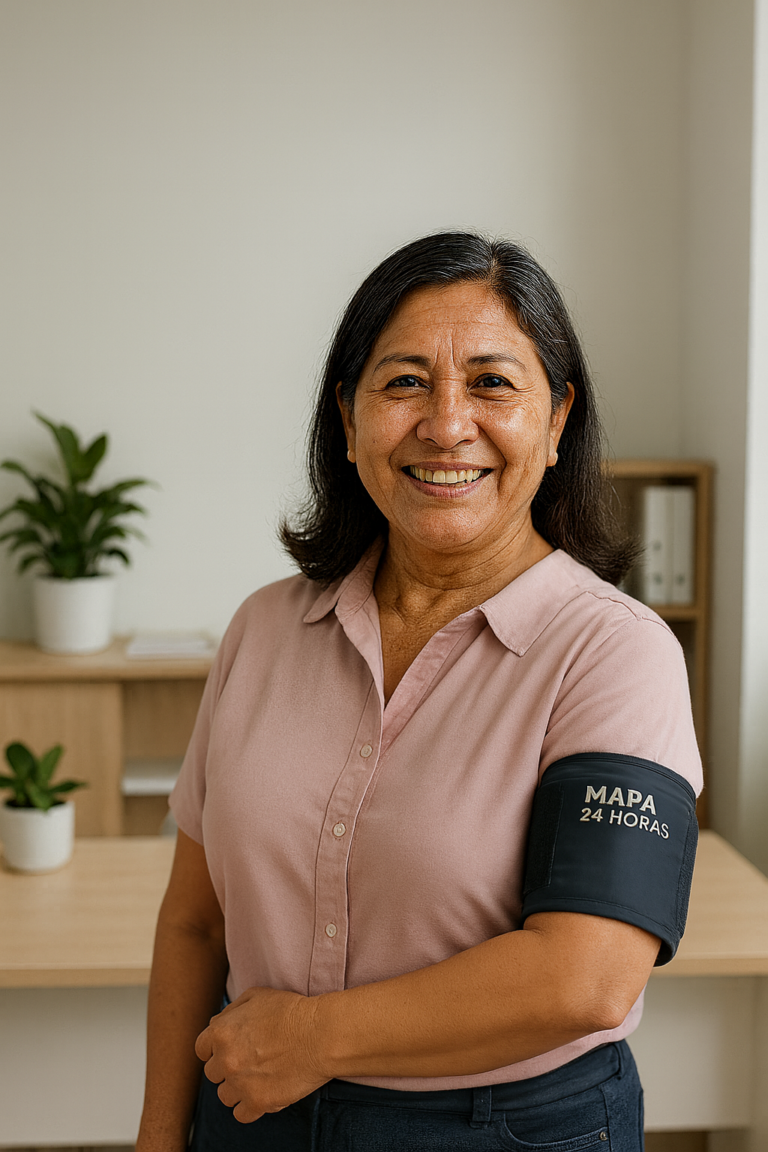 Mujer peruana de mediana edad sonriendo con un brazalete de MAPA 24 horas en el brazo izquierdo en una oficina de Confianza Salud