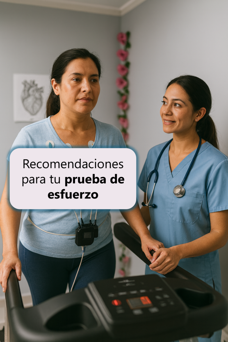 Paciente realizando prueba de esfuerzo en cinta bajo supervisión de enfermera, en sala de cardiología de Confianza Salud