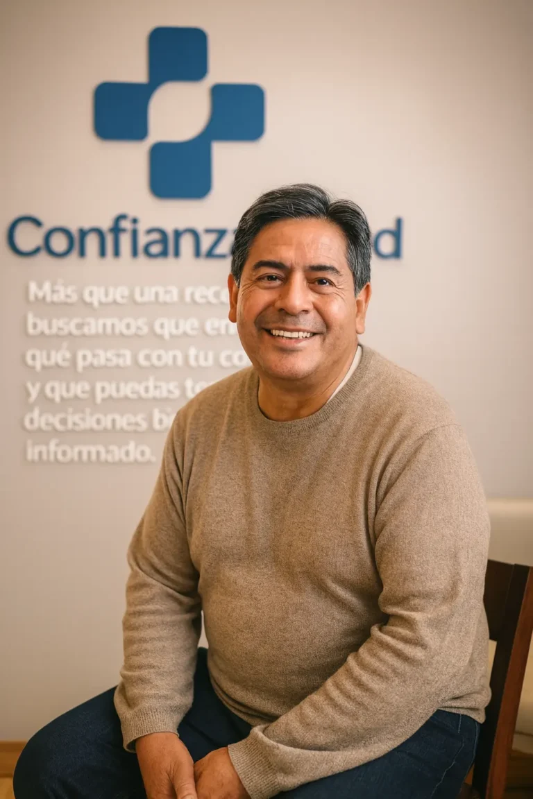 Paciente adulto sonriente en el consultorio de Confianza Salud con el logo al fondo, símbolo de confianza y decisiones informadas sobre la salud del corazón.