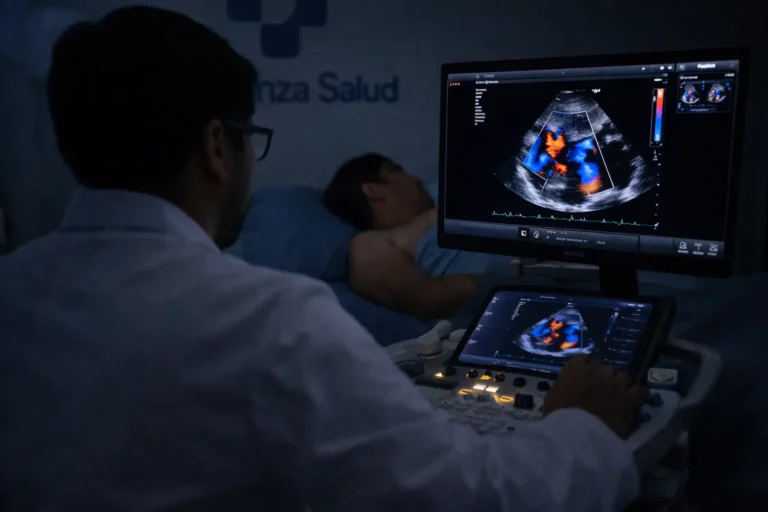 Cardiólogo realizando ecocardiograma Doppler color con luz tenue; paciente recostado de lado izquierdo; pantalla en primer plano con vista 4 cámaras y Doppler color activo (Confianza Salud, Jesús María, Lima).