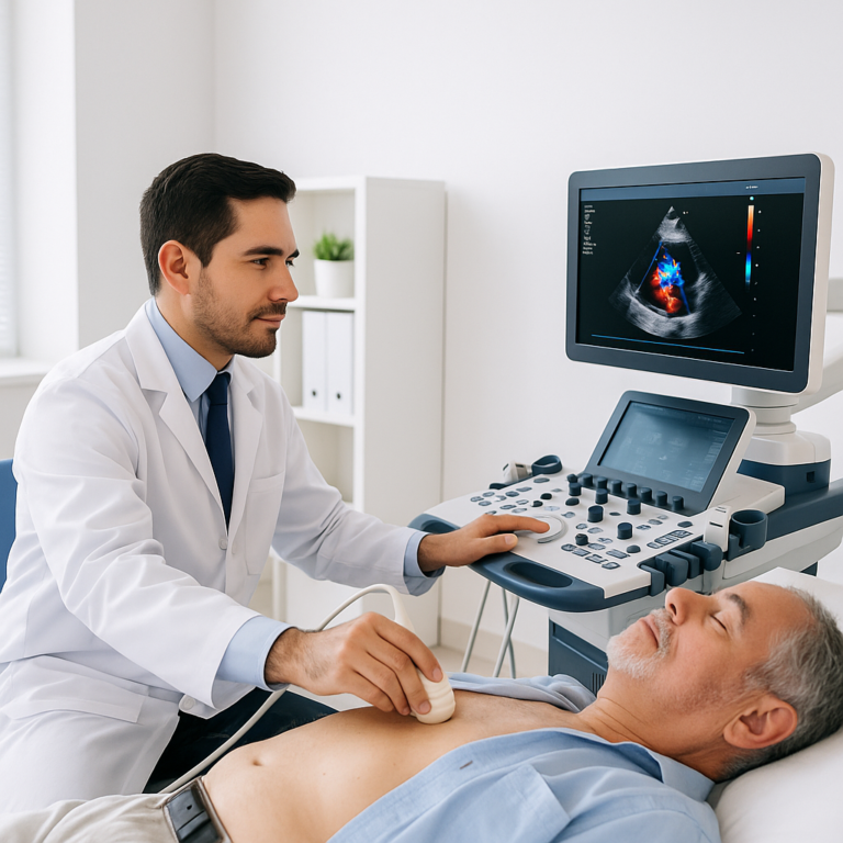 Cardiólogo de rasgos latinos realizando un ecocardiograma Doppler color a un paciente mayor en un consultorio moderno de Confianza Salud en Lima.