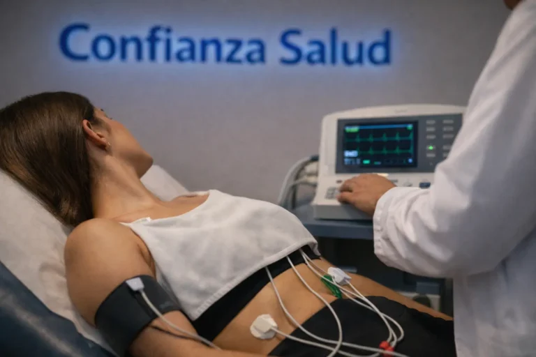 Paciente en camilla durante un electrocardiograma (EKG/ECG) en Confianza Salud, Lima (Jesús María), sin mostrar rostro