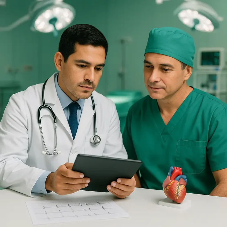 Cardiólogo y cirujano de rasgos latinos revisando juntos un informe cardiológico y un electrocardiograma en un entorno de sala de operaciones moderna.