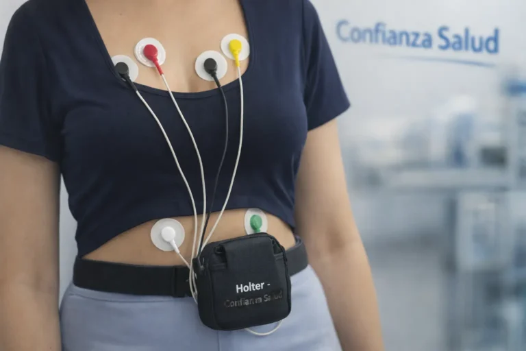 Paciente con Holter 24 horas en Lima: electrodos en el tórax conectados al monitor Holter – Confianza Salud