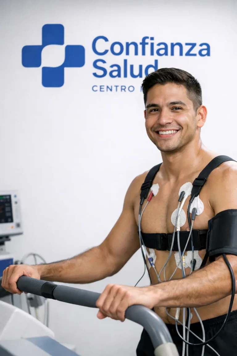 Paciente joven realizando prueba de esfuerzo en cinta en Confianza Salud, centro médico de cardiología en Jesús María, Lima.
