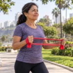 Mujer latina de mediana edad realiza ejercicio planificado con banda elástica en un parque de Lima.