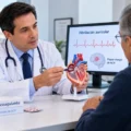 Médico explica a un paciente la fibrilación auricular y el uso de anticoagulantes para reducir el riesgo de ACV.