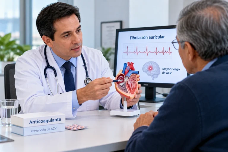 Médico explica a un paciente la fibrilación auricular y el uso de anticoagulantes para reducir el riesgo de ACV.