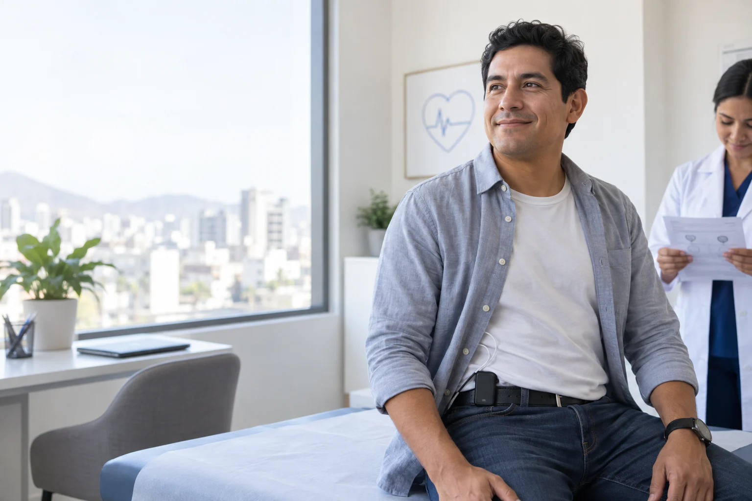 Paciente con monitor Holter ambulatorio durante atención cardiológica en Lima