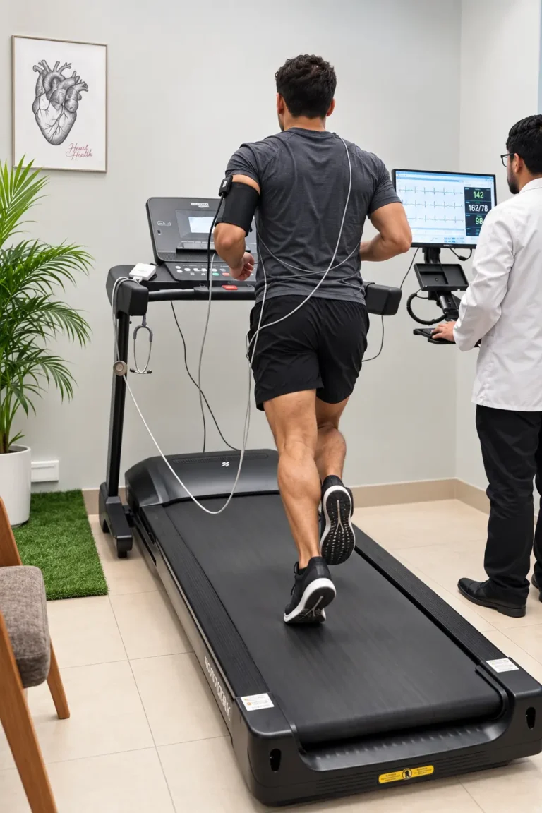 Paciente realizando una prueba de esfuerzo cardíaca en caminadora bajo supervisión médica