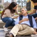 Adulto mayor con posible síncope asistido por dos personas en una plaza de Lima.