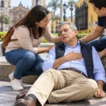 Adulto mayor con posible síncope asistido por dos personas en una plaza de Lima.