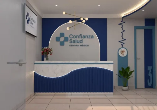Recepción moderna de la clínica Confianza Salud en Lima, ambiente acogedor y profesional para pacientes de cardiología y medicina general.