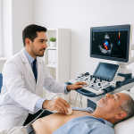 Cardiólogo de rasgos latinos realizando un ecocardiograma Doppler color a un paciente mayor en un consultorio moderno de Confianza Salud en Lima.