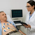 Paciente realizándose un electrocardiograma en Confianza Salud Lima con cardiólogo y monitor de ECG en tiempo real.