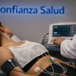 Paciente en camilla durante un electrocardiograma (EKG/ECG) en Confianza Salud, Lima (Jesús María), sin mostrar rostro