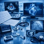 Conjunto de equipos y monitores de estudios cardiológicos con imágenes de corazón, electrocardiogramas y ecocardiograma en tonos azul médico.