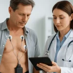 Paciente con Holter 24 horas en Lima: electrodos en el tórax conectados al monitor Holter – Confianza Salud