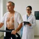 Paciente realizando una prueba de esfuerzo en Confianza Salud Lima con supervisión de cardiólogo y monitor de ECG en tiempo real.