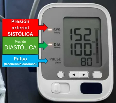 Tensiómetro digital con pantalla que muestra presión arterial sistólica, diastólica y frecuencia de pulso